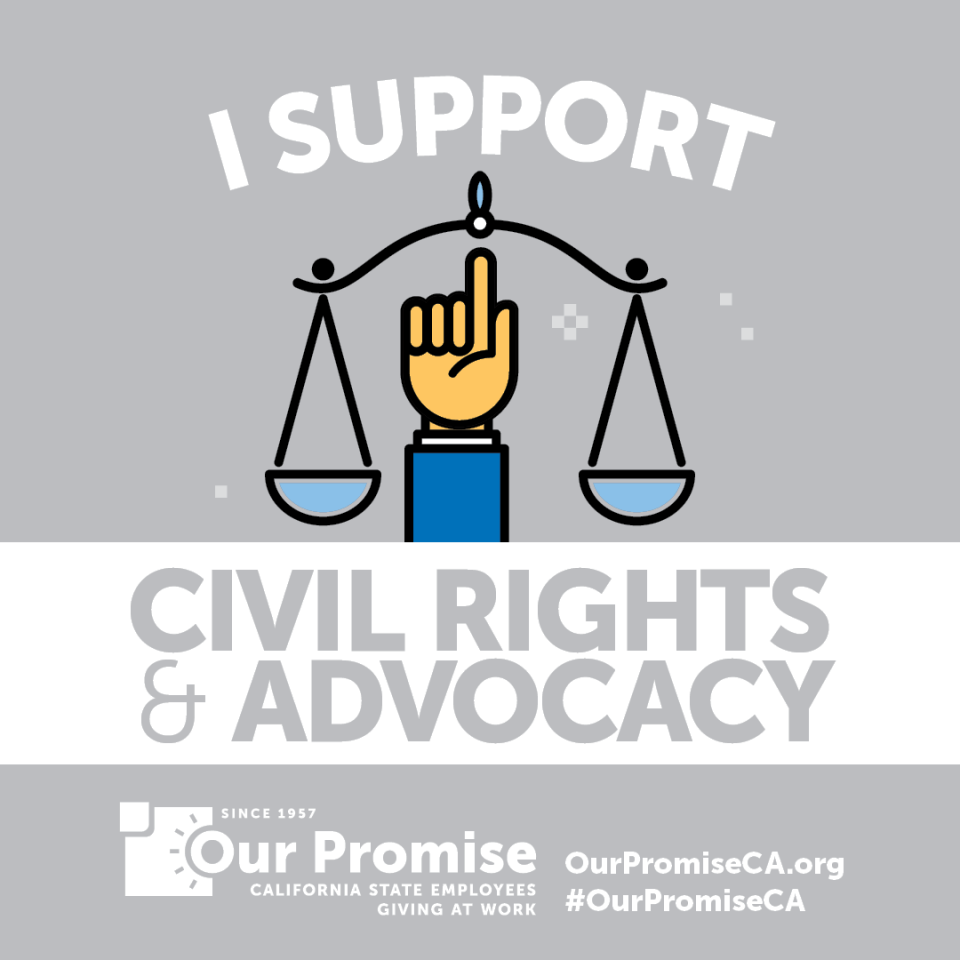 I Support: CIVIL RIGHTS & ADVOCACY. Scales with an icon of a hand pointing up.