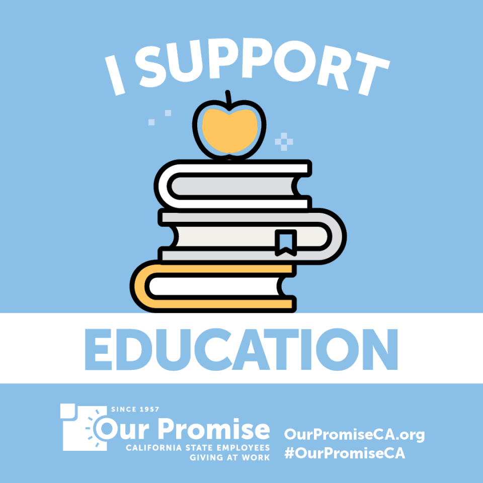 I Support: EDUCATION. icon of a stack of books with an apple on top.