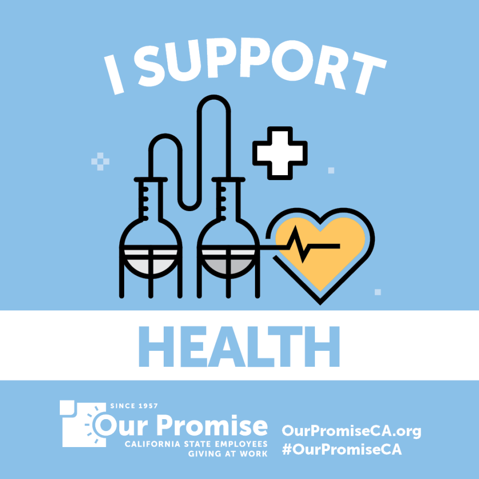 I Support: HEALTH.  Icon: test tubes, heart with lifeline and medical cross.