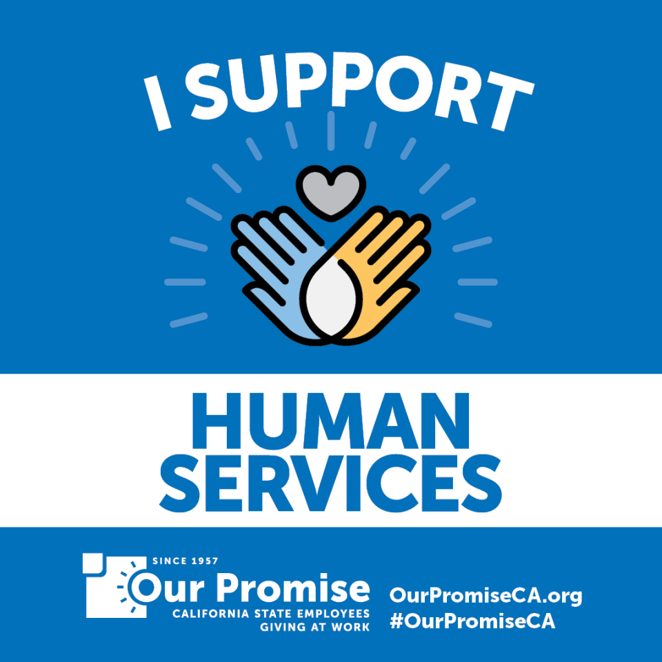 I Support: HUMAN SERVICES. Two hands intersecting with heart.