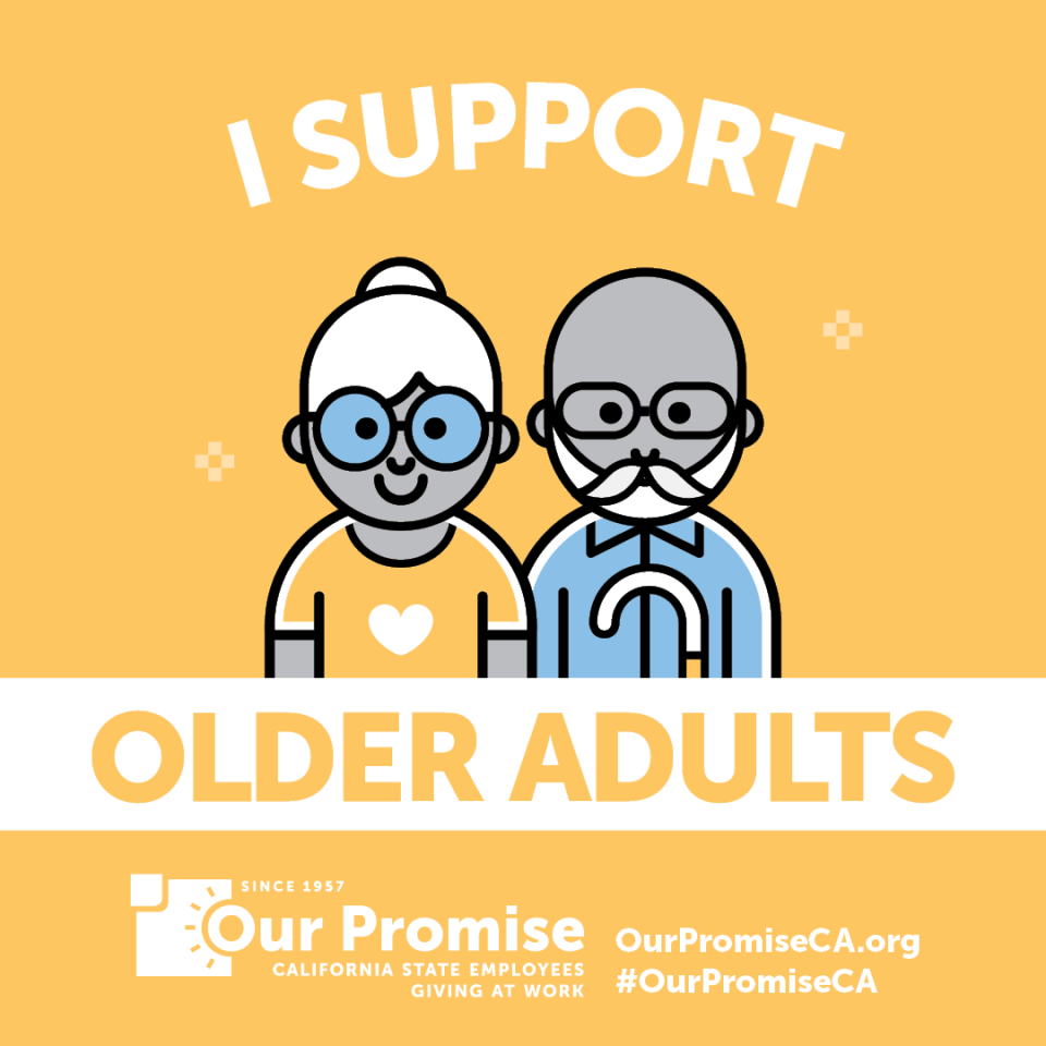 I Support: OLDER ADULTS. Icon of 2 older adults with eyeglasses.