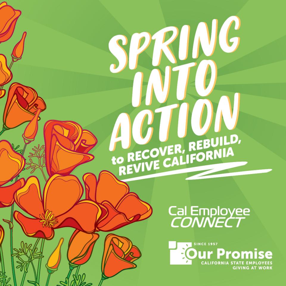 Orange poppies with text: SPRING INTO ACTION to RECOVER, REBUILD, REVIVE CALIFORNIA. Cal Employee Connect Logo and Our Promise logo