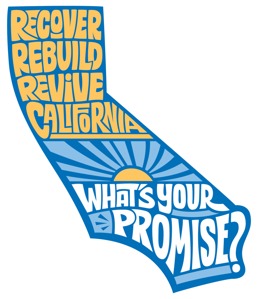 Text: Recover. Rebuild. Revive California (in the shape of California)