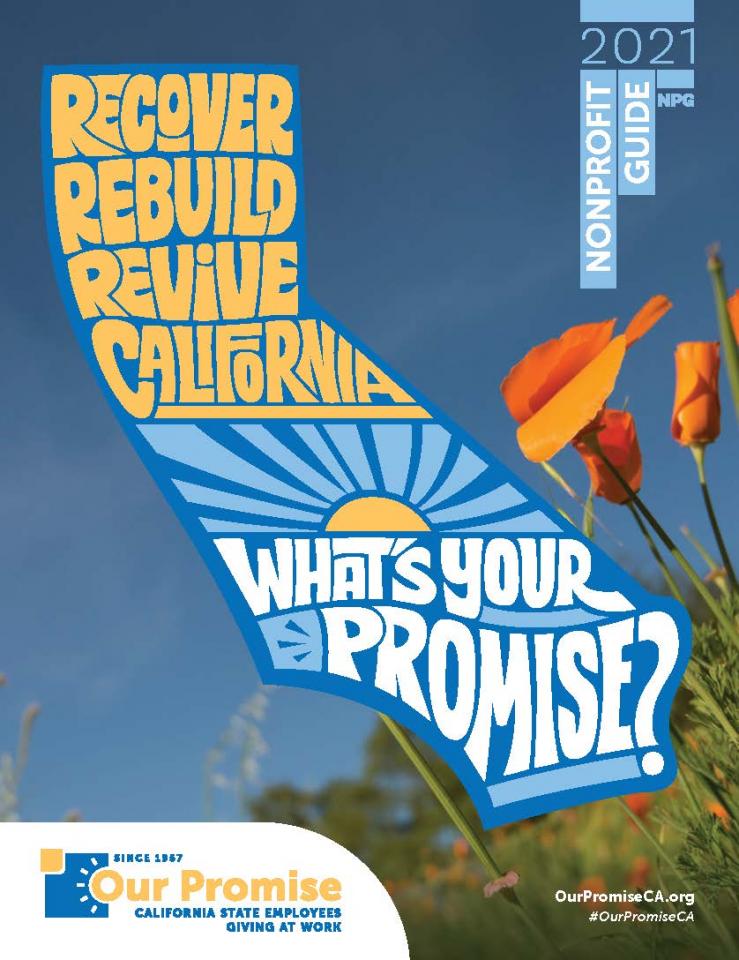 Text in the shape of California: RECOVER REBUILD REVIVE CALIFORNIA. WHAT'S YOUR PROMISE?