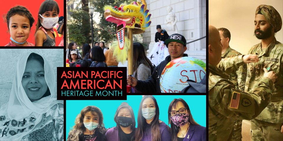 Collage of 5 photos: Polynesian kids with masks; South Asian woman with headscarf; Asian man holding traditional Chinese lion dance art in a crowd of other Asians; 4 Asian women wearing purple and masks, a Sikh solder in uniform with matching fatigue turban receiving medal.