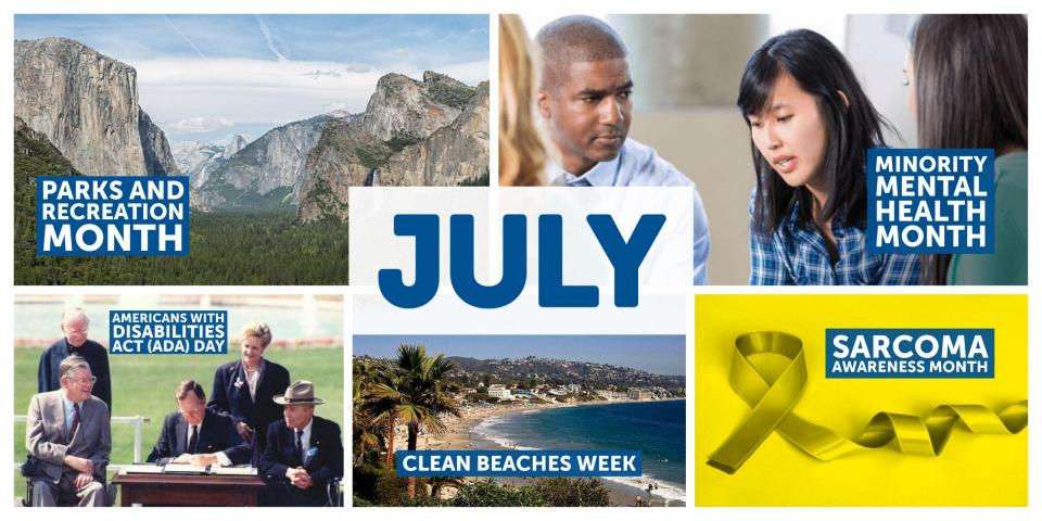 Collage: Yosemite (Parks & Recreation Month); photo of people of color (Minority Mental Health Month); Photo of President Bush with other elder white people signing the ADA (Americans with Disabilities Act ADA Day); Yellow ribbon (Sarcoma Awareness Month)