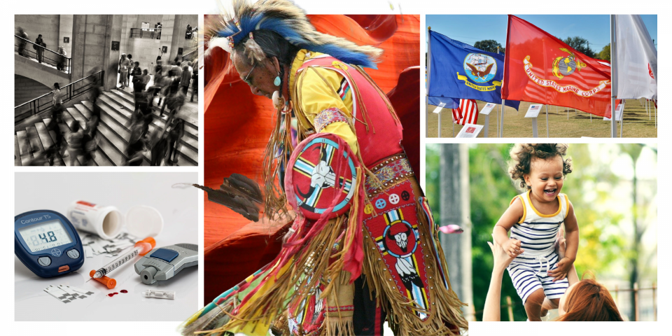 photos representing various causes: a crowd for stress, insulin for diabetes, a Native American in regalia, flags of the US armed forces, a child smiling in the arms of an adult